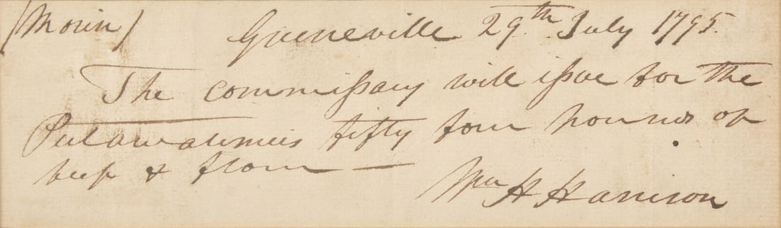 [Presidential] Harrison, William Henry. Manuscript Document, signed: [Presidential] Harrison, William Henry. Manuscript Document, signed Greenville, (Ohio), July 29, 1795. Single oblong sheet, 2 1/4 x 7 1/2 in. (57 x 190 mm). Manuscript payment order, signed by William