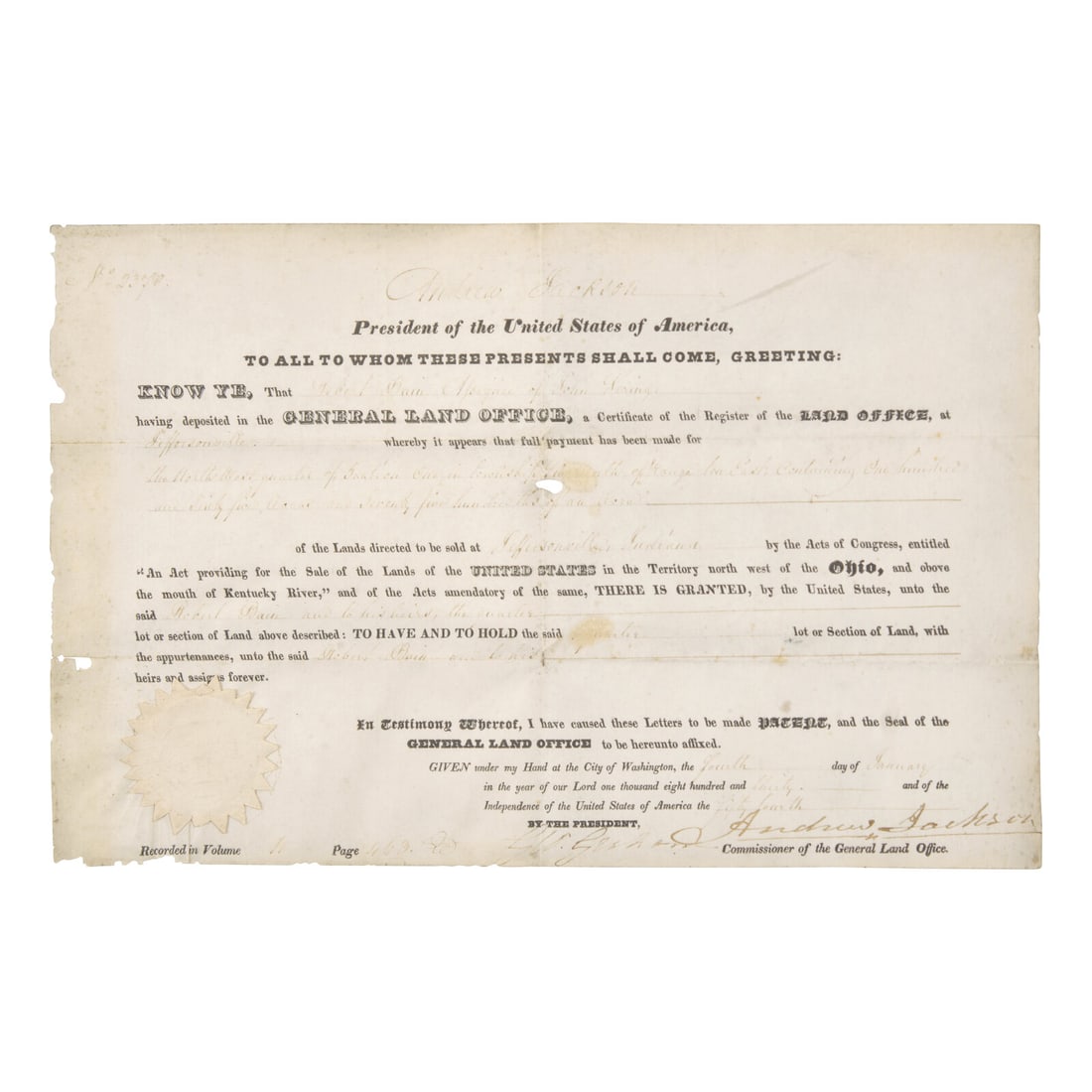 [Presidential] Jackson, Andrew. Partially-Printed Document, signed (1 of 2)