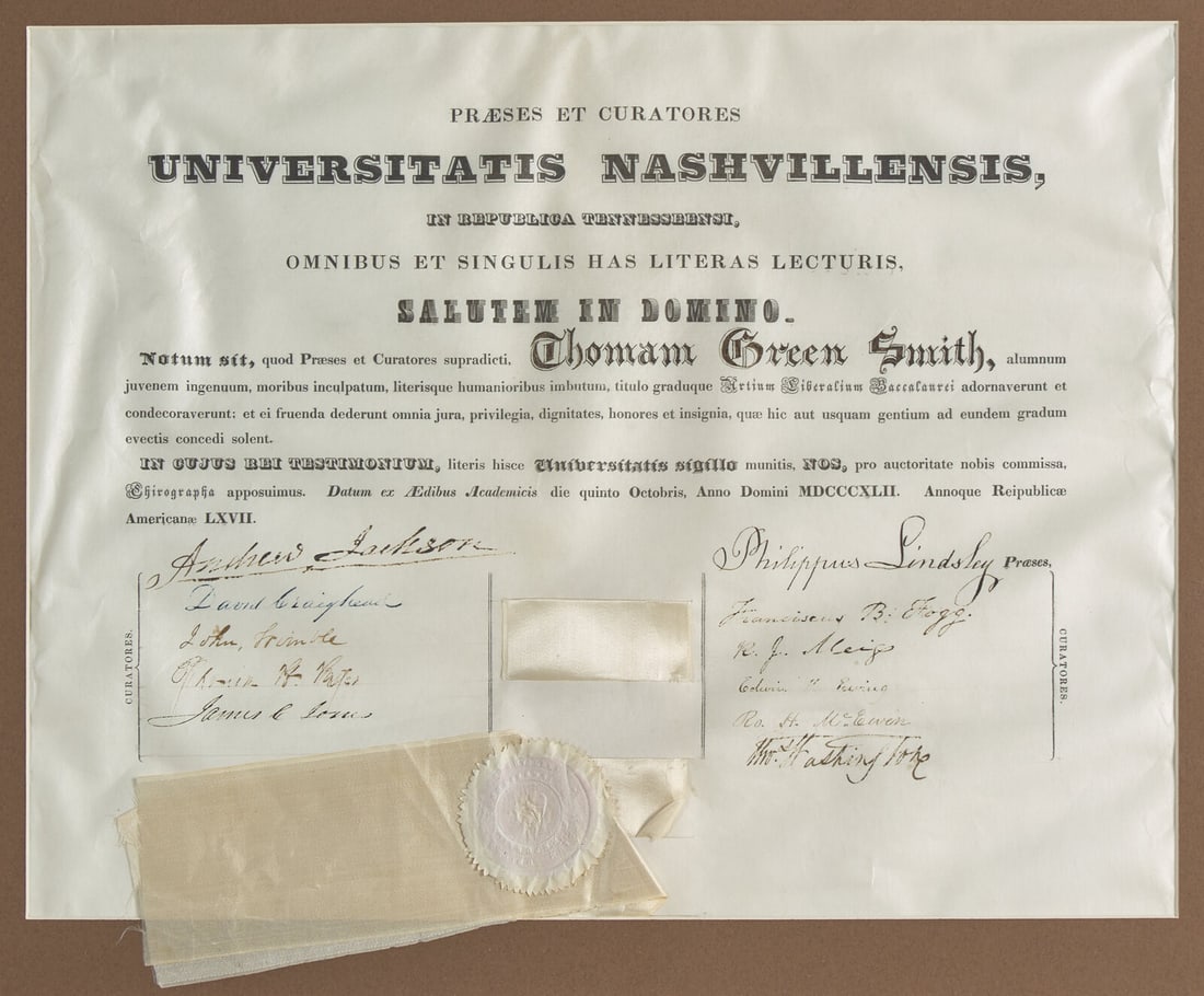 [Presidential] Jackson, Andrew. Signed University of Nashville Diploma (1 of 2)