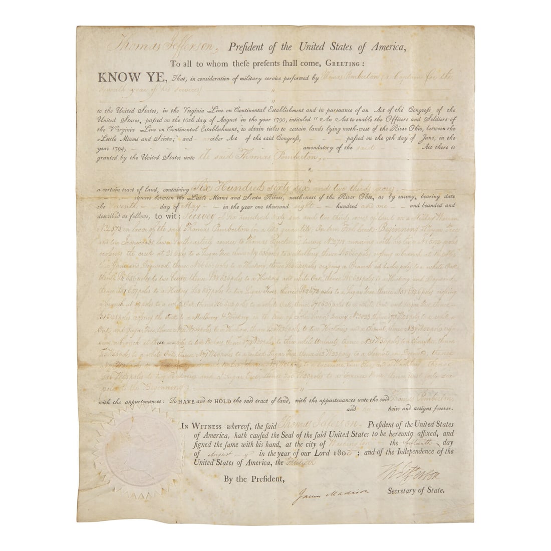 [Presidential] Jefferson, Thomas, and James Madison. Partially-Printed Document, signed.: [Presidential] Jefferson, Thomas, and James Madison. Partially-Printed Document, signed. Washington, D.C., August 15, 1805. Single sheet, 15 1/2 x 12 3/8 in. (394 x 314 mm). Partially-printed land pat
