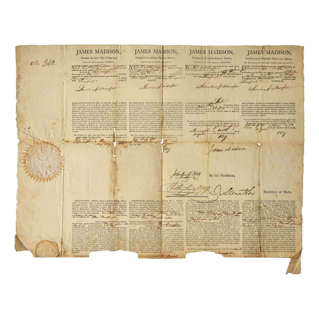 [Presidential] Madison, James. Signed Four-Language Ship's Passport (1 of 1)