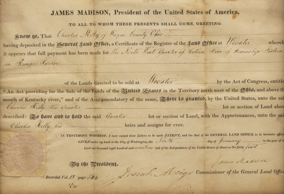 [Presidential] Madison, James. Partially-Printed Document, signed (1 of 2)