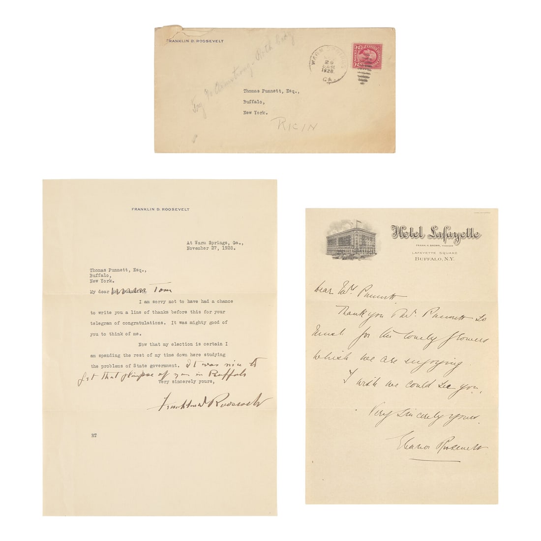[Presidential] Roosevelt, Franklin D. and Eleanor Roosevelt. Typed Letter, signed, with an Autograph: [Presidential] Roosevelt, Franklin D. and Eleanor Roosevelt. Typed Letter, signed, with an Autograph Letter, signed Warm Springs, Georgia, November 27, 1928. One sheet, 10 1/2 x 7 1/4 in. (267 x 184 m