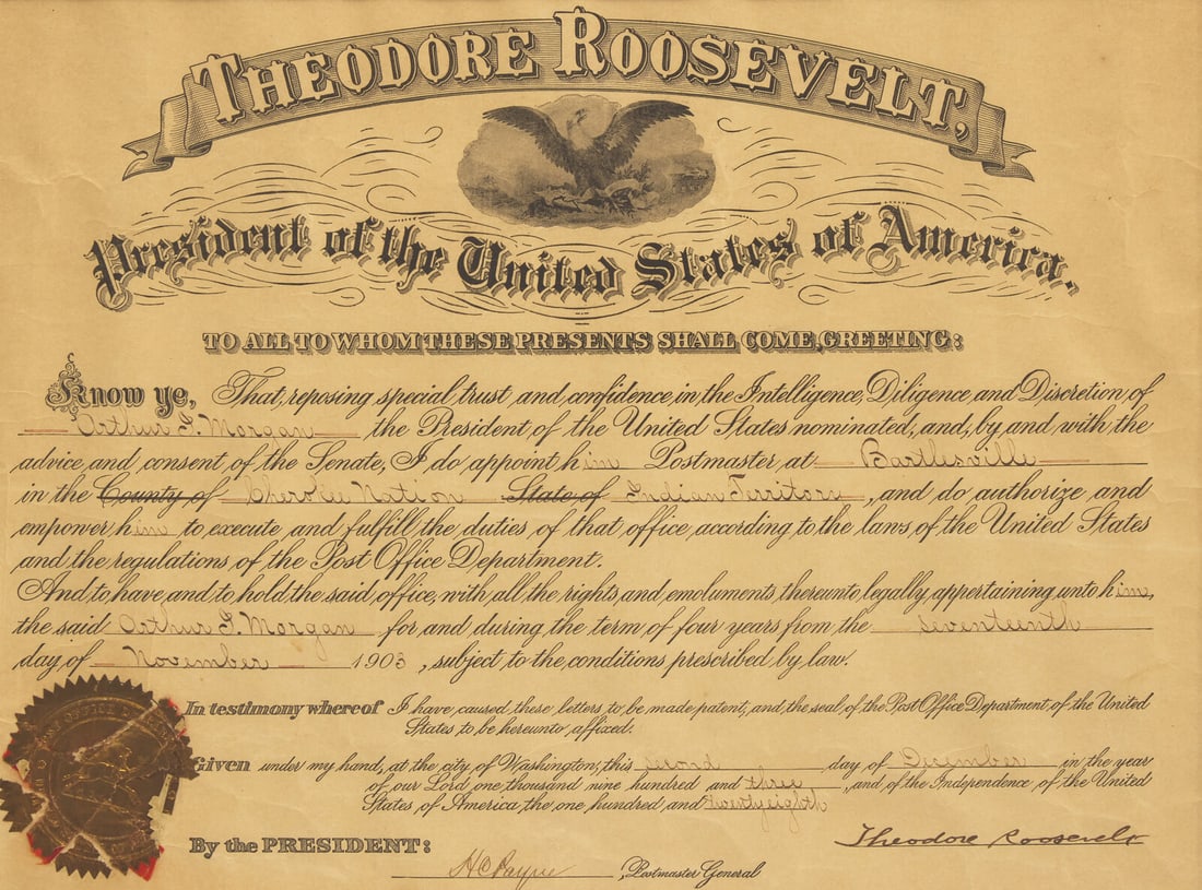 [Presidential] Roosevelt, Theodore. Partially-Printed Document, signed (1 of 2)