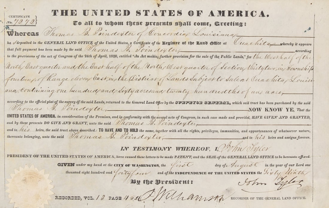 [Presidential] Tyler, John. Partially-Printed Document, signed: [Presidential] Tyler, John. Partially-Printed Document, signed Washington, D.C., August 1, 1844. Partially-printed land grant on vellum, signed by President John Tyler, for Thomas B. Poindexter of Con