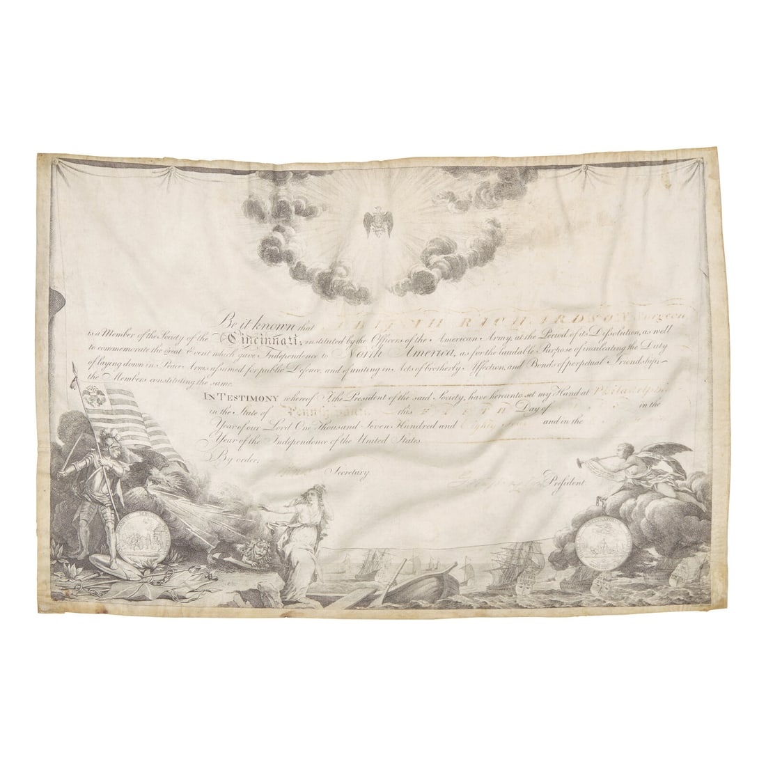 [Presidential] Washington, George. Signed Society of the Cincinnati Membership Certificate (1 of 2)