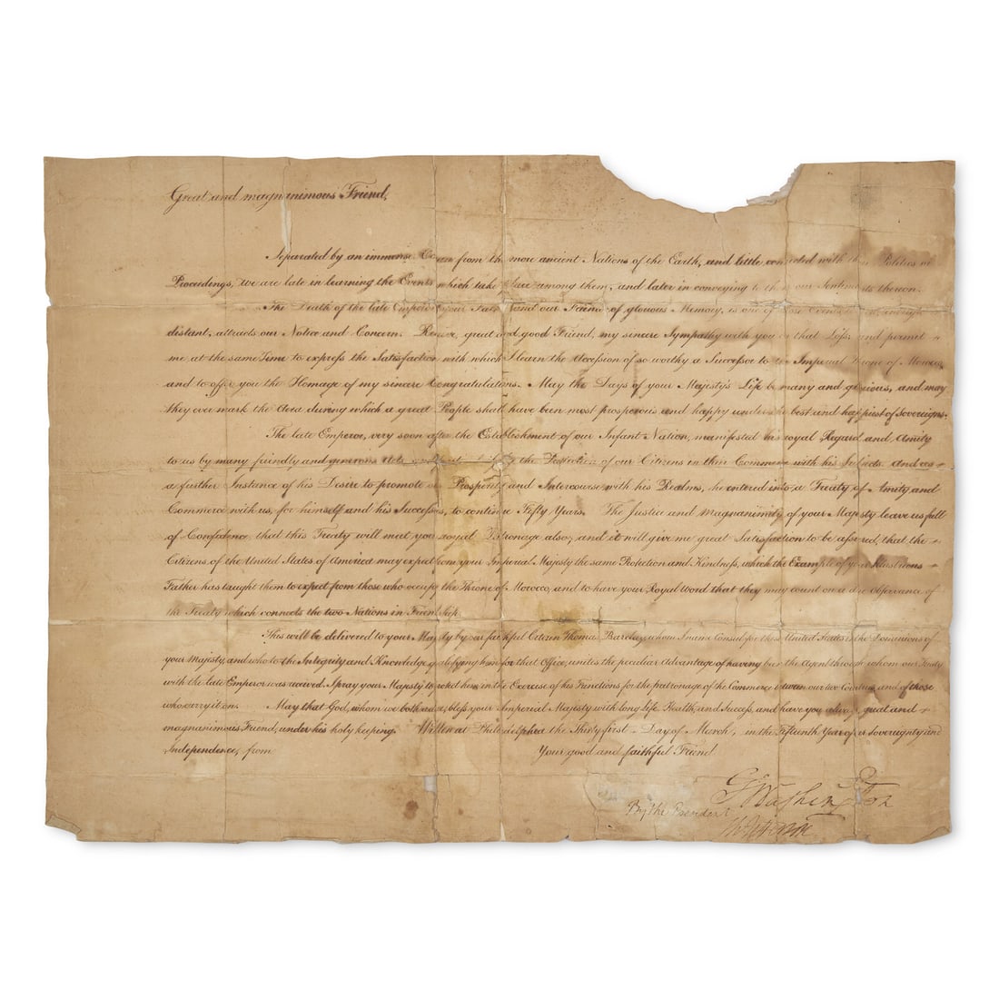 [Presidential] [Morocco] Washington, George, and Thomas Jefferson. Manuscript Letter, signed (1 of 2)