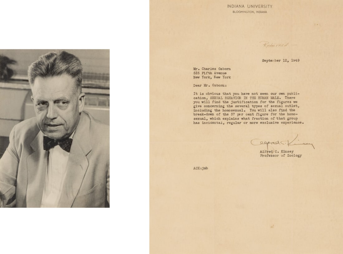 [Sexology] Kinsey, Alfred Charles. Typed Letter, signed (1 of 2)