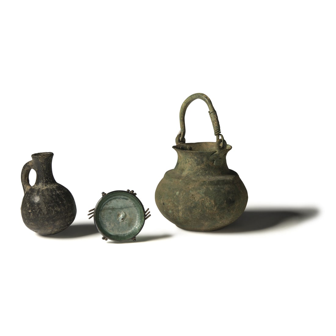 Three Roman Terracotta, Bronze, and Glass Vessels (1 of 3)