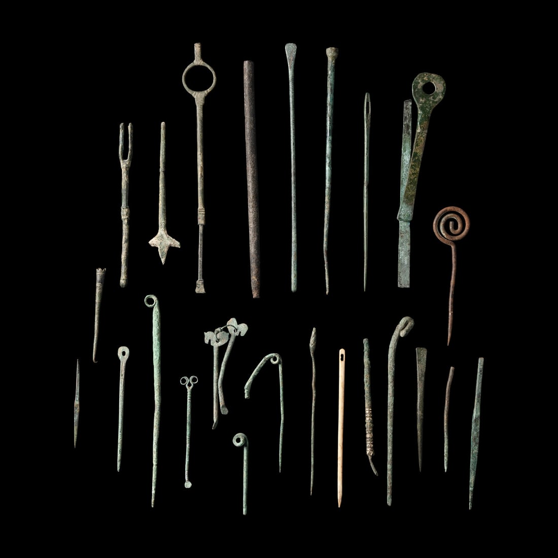 25 Roman Bronze and Bone Medical Instruments, Tools, and Pins: 25 Roman Bronze and Bone Medical Instruments, Tools, and Pins Circa 1st-5th Century A.D. Length of largest 16.3 cm (6 3/8 inches). Property from a California Private Collection This lot is located in 