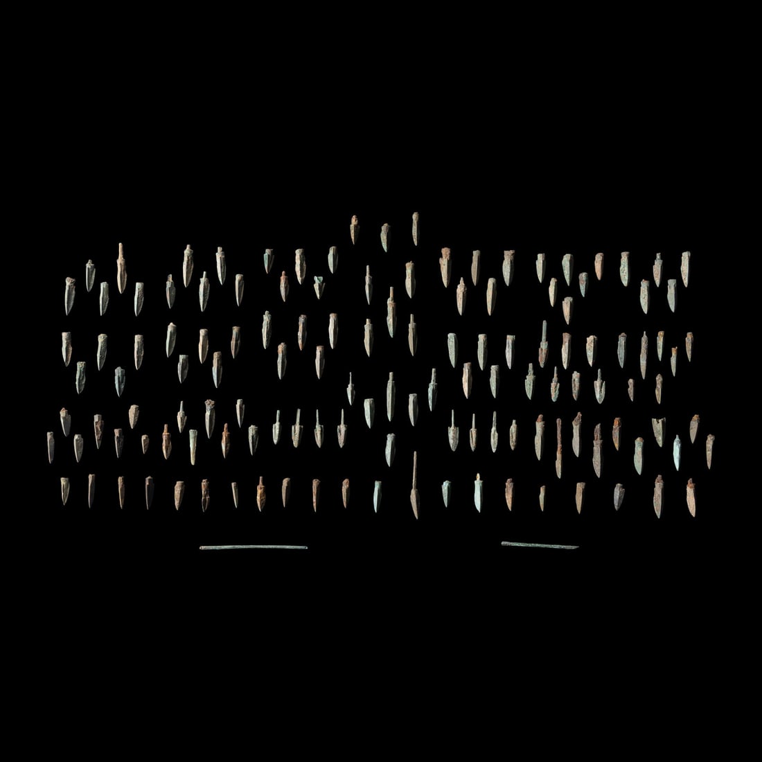 132 Roman Bronze Arrowheads and Two Rods (1 of 1)