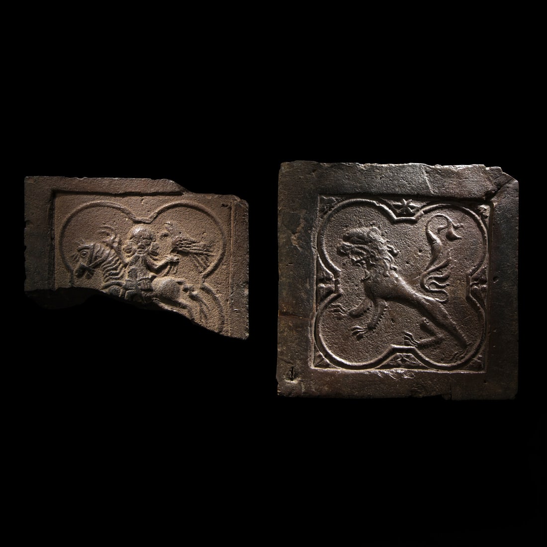 Two Medieval Earthenware Floor Tiles with a Falconer and Lion (1 of 3)