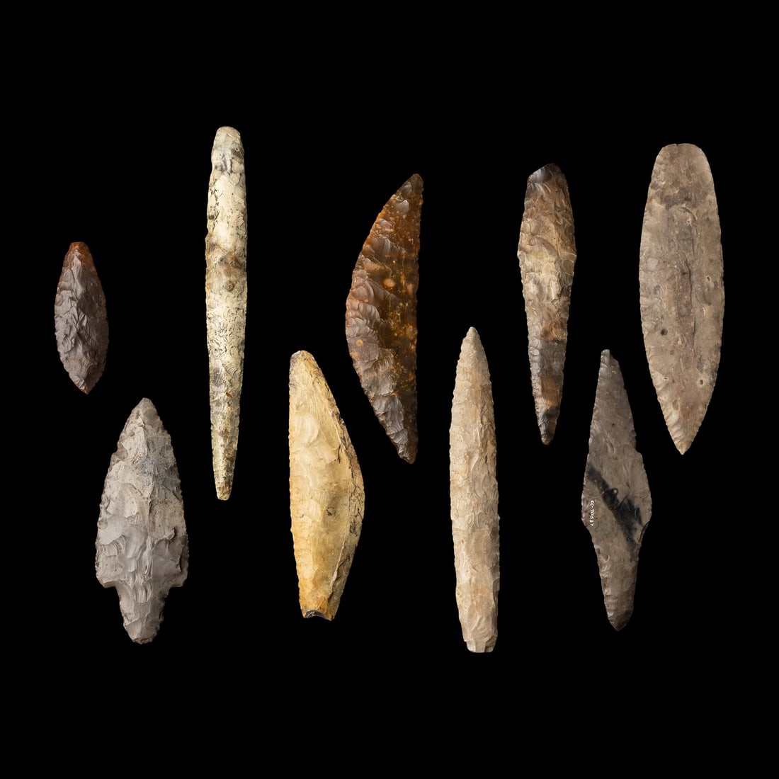 Nine Neolithic Flint Daggers, Spear Points, Sickles and Arrow Heads: Nine Neolithic Flint Daggers, Spear Points, Sickles and Arrow Heads Scandinavia, Circa 2400-1700 B.C. Length of largest 19.5 cm (7 3/4 inches). This lot is located in Chicago. Provenance: The