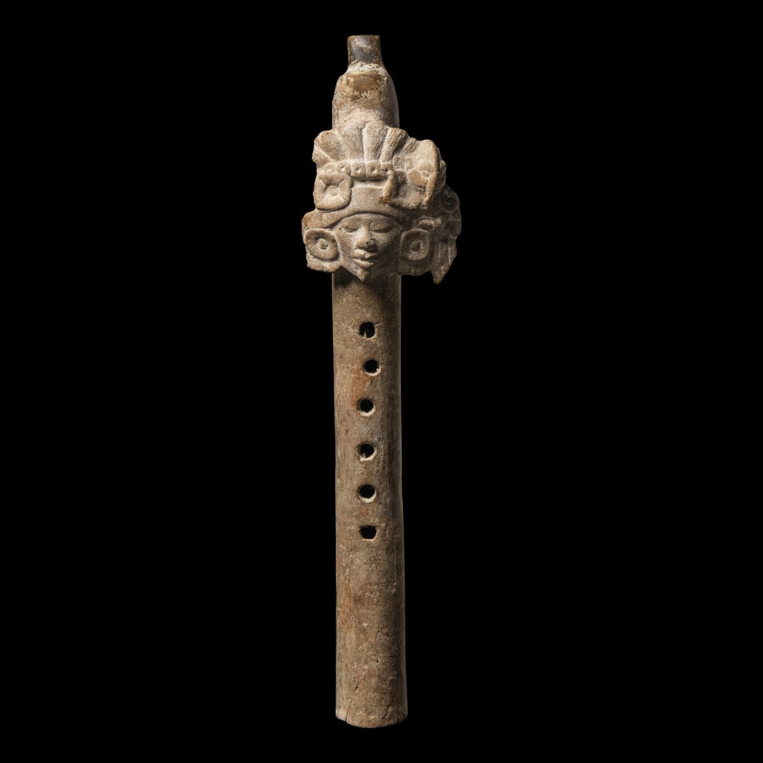 A Maya Terracotta Flute: A Maya Terracotta Flute Mexico, Circa 500-900 AD Length 32.9 cm (13 inches). Property from the Estate of Jean A. Marks This lot is located in Chicago. Provenance: Peter Marks (1935-2010), New York; th