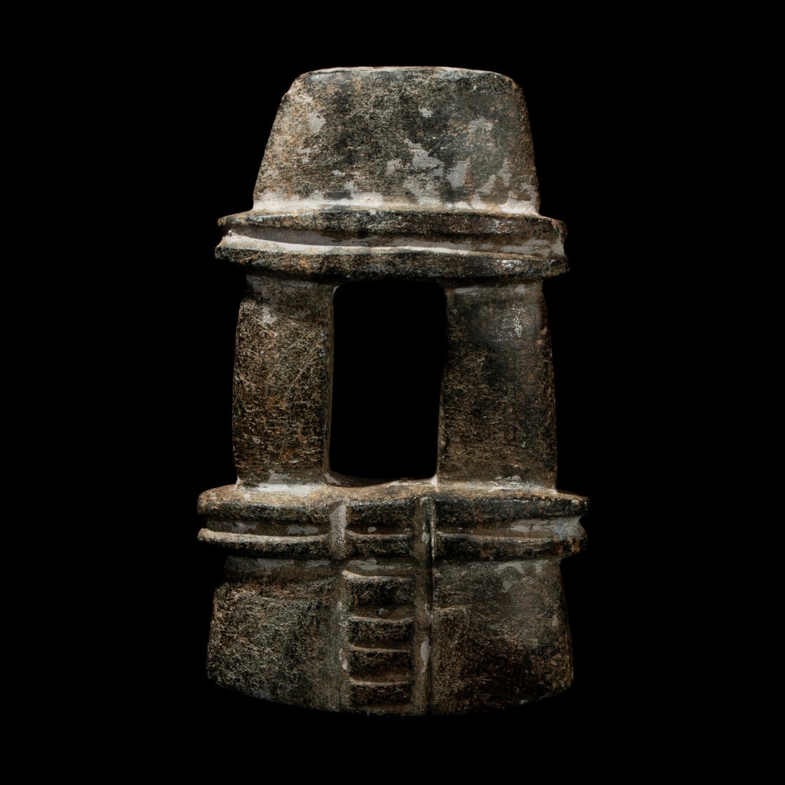 A Mezcala Serpentine Temple: A Mezcala Serpentine Temple Circa 300-100 B.C. Height 12.1 cm (4 3/4 inches). Property from the Whitman Collection, Boulder, Colorado This lot is located in Chicago. Provenance: Dr. R. Fernandez, 1940