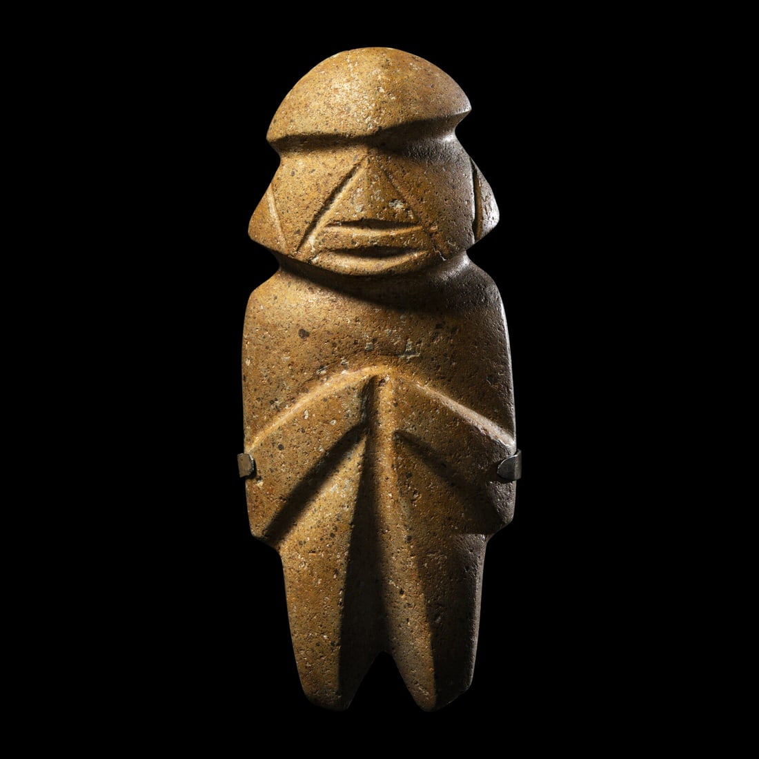 A Mezcala Stone Standing Figure: A Mezcala Stone Standing Figure Circa 300-100 B.C. Height 17.5 cm (6 7/8 inches). Property from a Private Collection, Palm Springs, California This lot is located in Chicago. Provenance: Leonard Ezra 