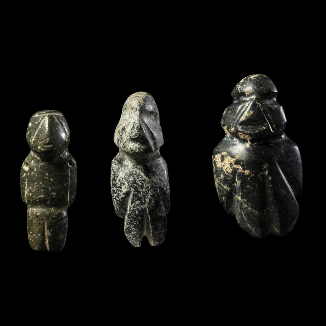 Three Mezcala Greenstone Figures: Three Mezcala Greenstone Figures Circa 500 B.C.-300 A.D. Height of tallest 9.8 cm (3 7/8 inches). Property from a Private Collection, Palm Springs, California This lot is located in Chicago. Provenanc