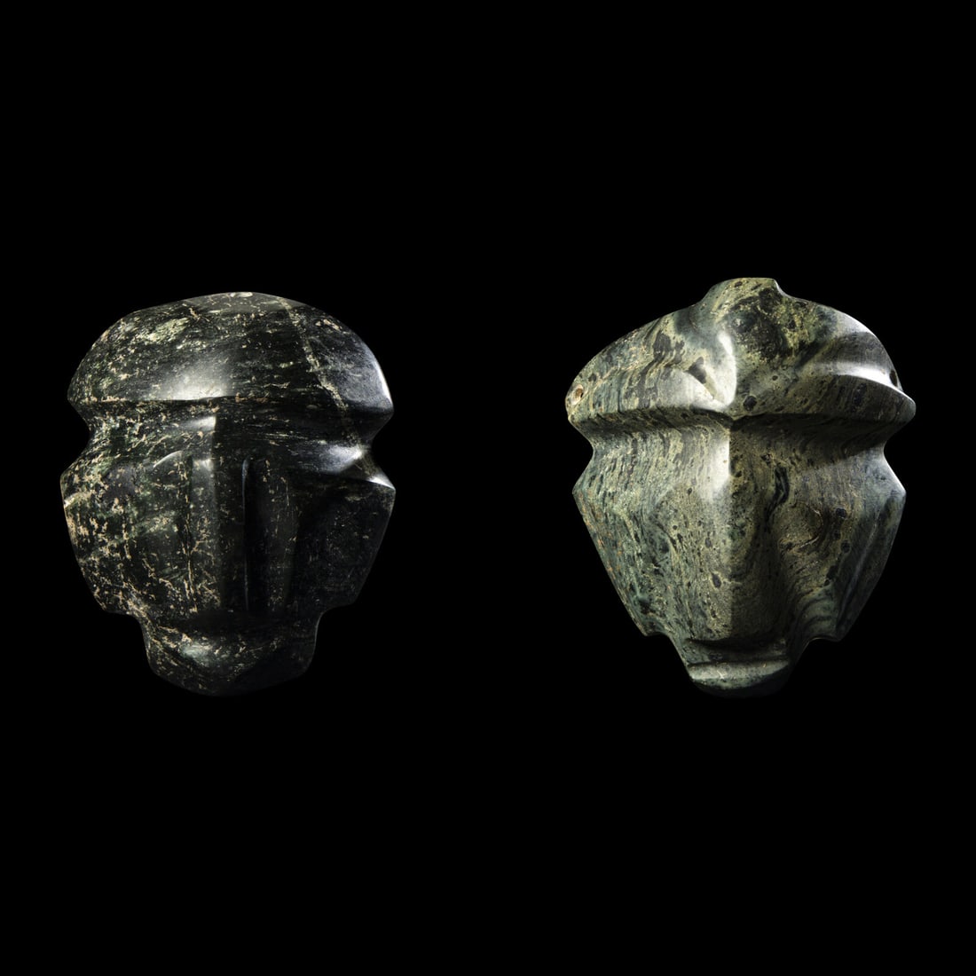 Two Mezcala Greenstone Masks: Two Mezcala Greenstone Masks Circa 300-100 B.C. Height of tallest 10.5 cm (4 1/8 inches). Property from a Private Collection, Palm Springs, California This lot is located in Chicago. Provenance: Damon