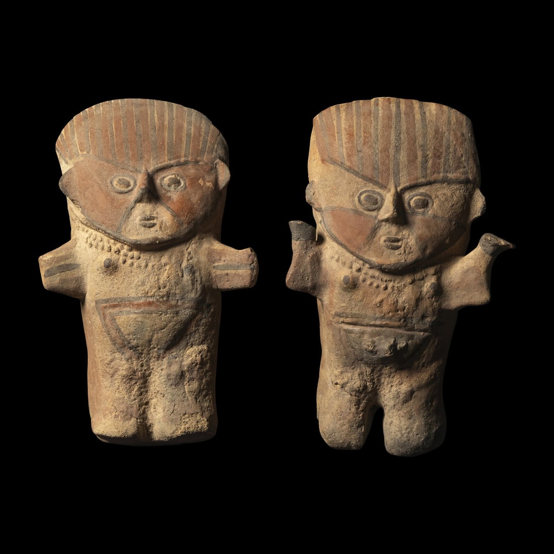 Two Chancay Polychrome Figures: Two Chancay Polychrome Figures Circa 1200-1500 A.D. Height 27.5 cm (10 7/8 inches). Property from a California Private Collection This lot is located in Chicago. Provenance: DejaVu Estate Sales & 