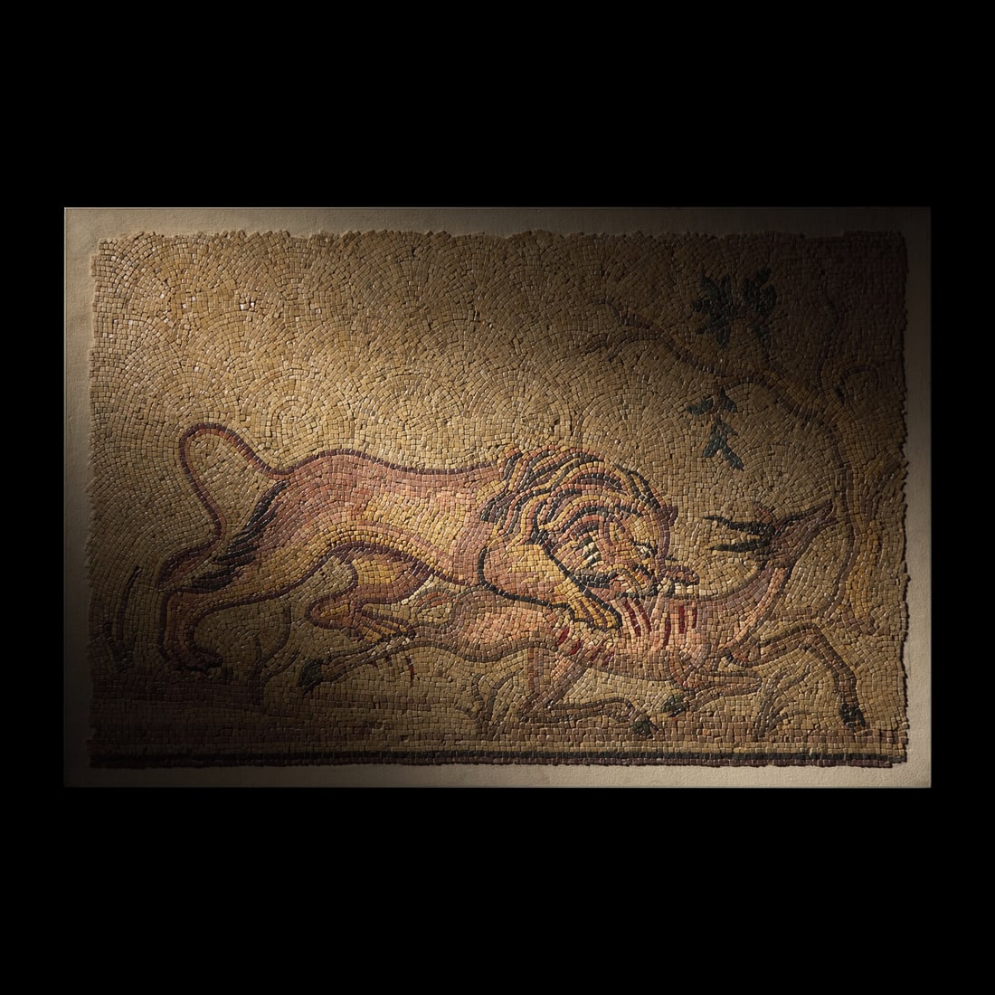 A Roman Style Stone Mosaic Panel with a Lion Hunting Prey (1 of 4)