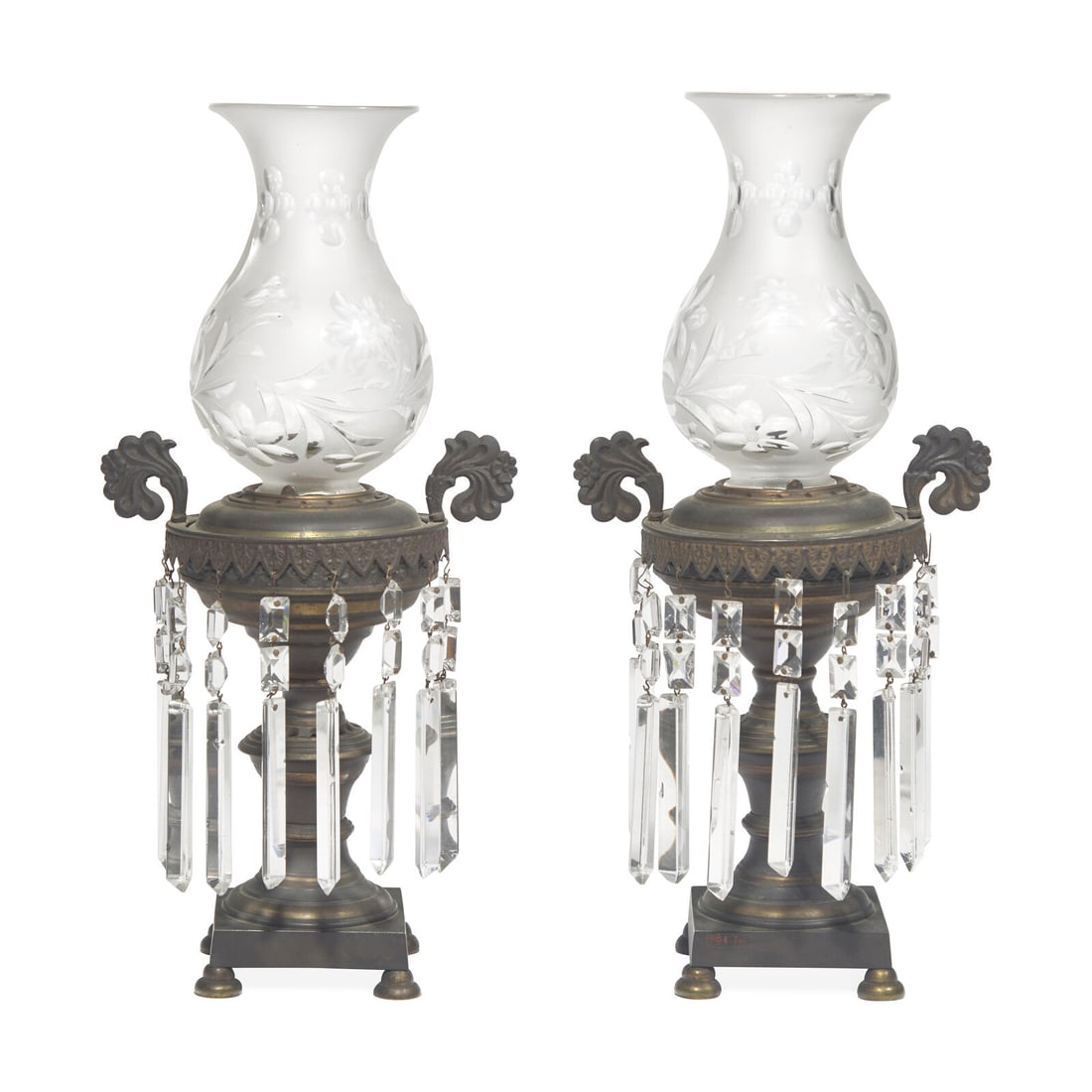 A Pair of Classical Anodized Bronze and Etched Glass Astral Lamps (1 of 5)