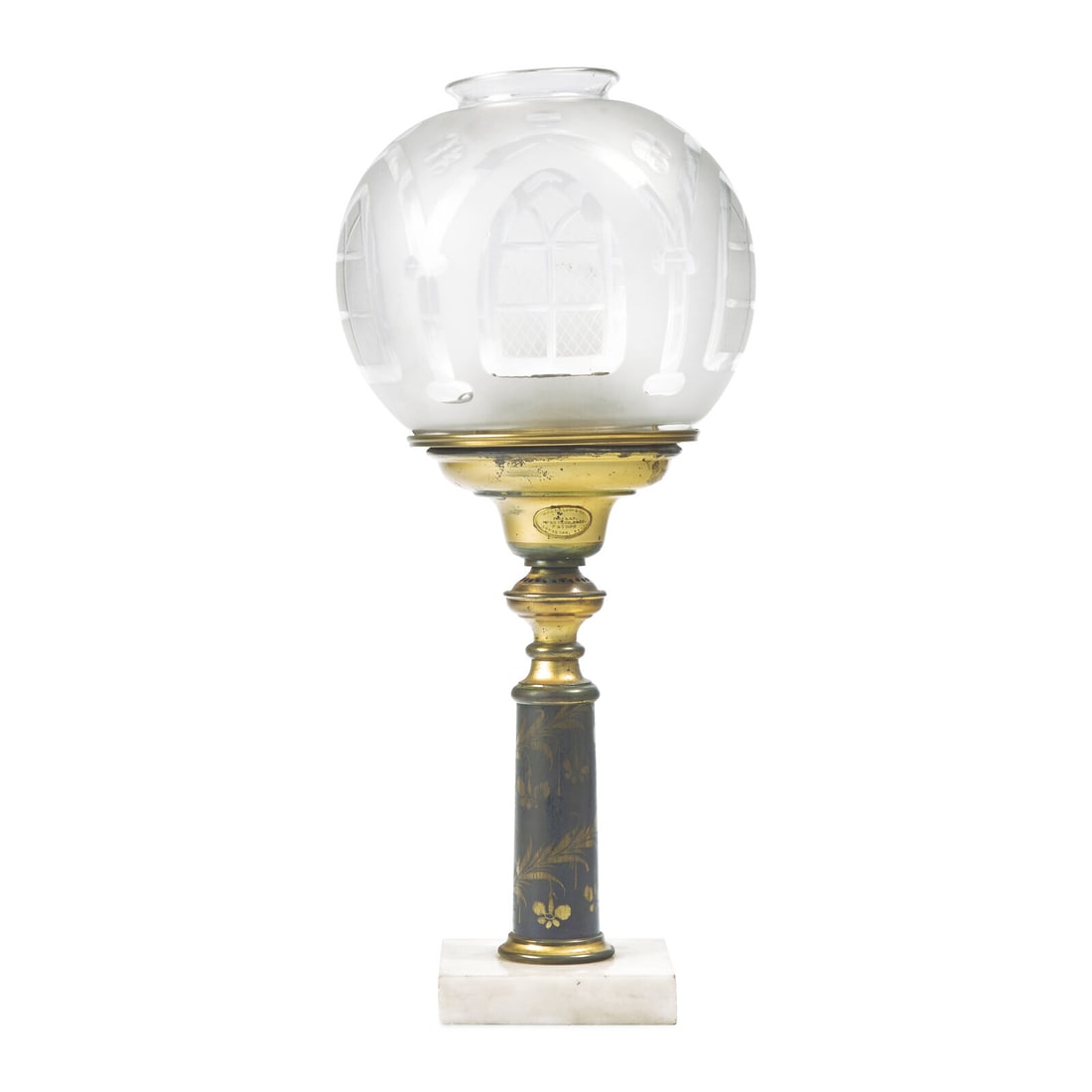 A Brass and Etched Glass Solar Lamp: A Brass and Etched Glass Solar Lamp Cornelius & Co. (1838-1851), Philadelphia, Pennsylvania, Circa 1849 with damask work column mounted on marble base, with label marked, "Cornelius & Co., Philad./ Ju