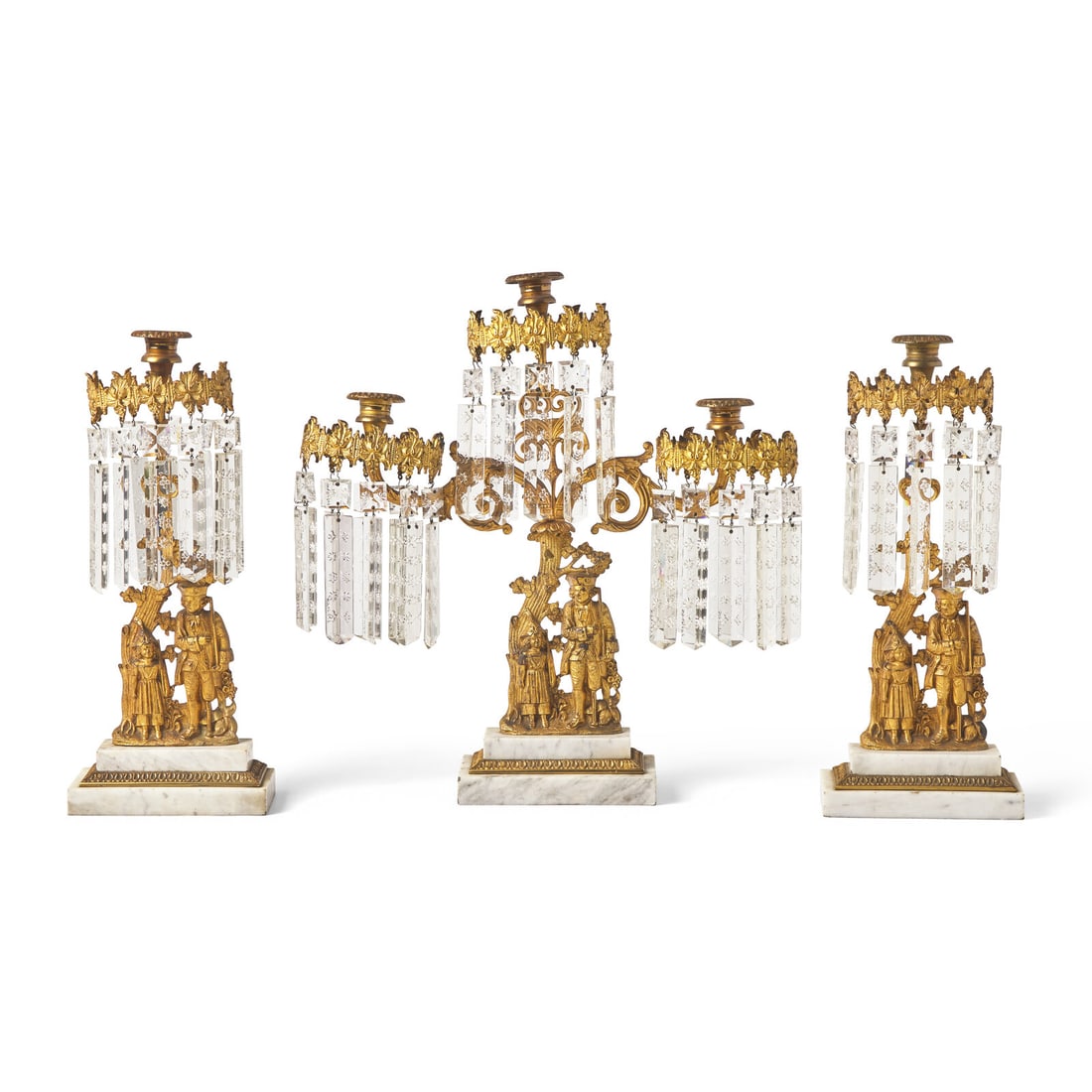 A "Leatherstocking Tales" Three-Piece Cast Brass, Marble, and Brass Girandole Garniture (1 of 7)