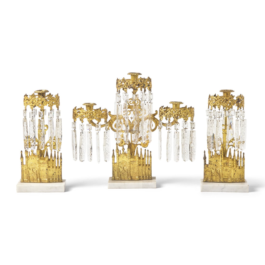 A Three-Piece Cast Brass, Marble, and Glass Girandole Garniture Depicting Bigelow Chapel at Mount (1 of 8)