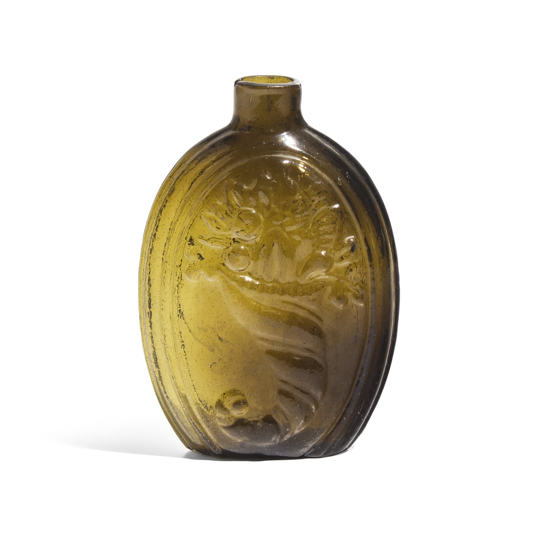 A Molded Olive Green Glass Cornucopia and Urn Flask (1 of 5)