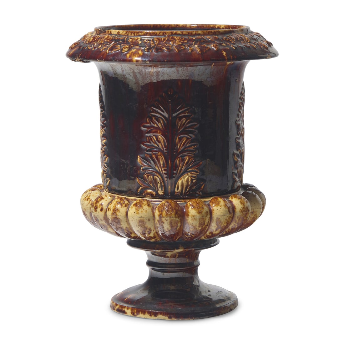 A Rare Rockingham Glazed Earthenware Two-Piece Flower Pot / Urn: A Rare Rockingham Glazed Earthenware Two-Piece Flower Pot / Urn United States Pottery Co. (1852-1858), Bennington, Vermont, Circa 1849-1858 the upper section with hole for drainage, the lower section 