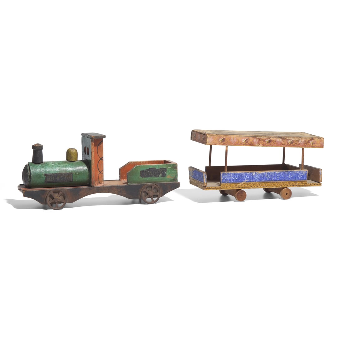 A Painted Wood and Iron "Great Western" Train Engine and a Painted and Wallpaper-Covered Wood Train (1 of 6)
