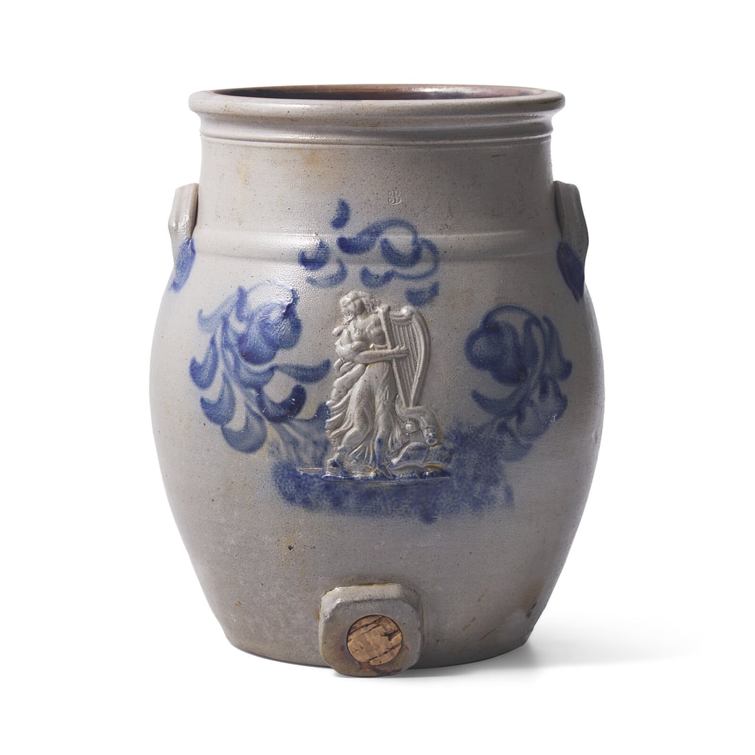 A Cobalt-Decorated and Molded Stoneware 3-Gallon Water Cooler: A Cobalt-Decorated and Molded Stoneware 3-Gallon Water Cooler Albany, New York, Circa 1840 impressed, "3", with applied figure of a harpist, decorated with foliate motifs. Height 13 1/4 x diameter 10 