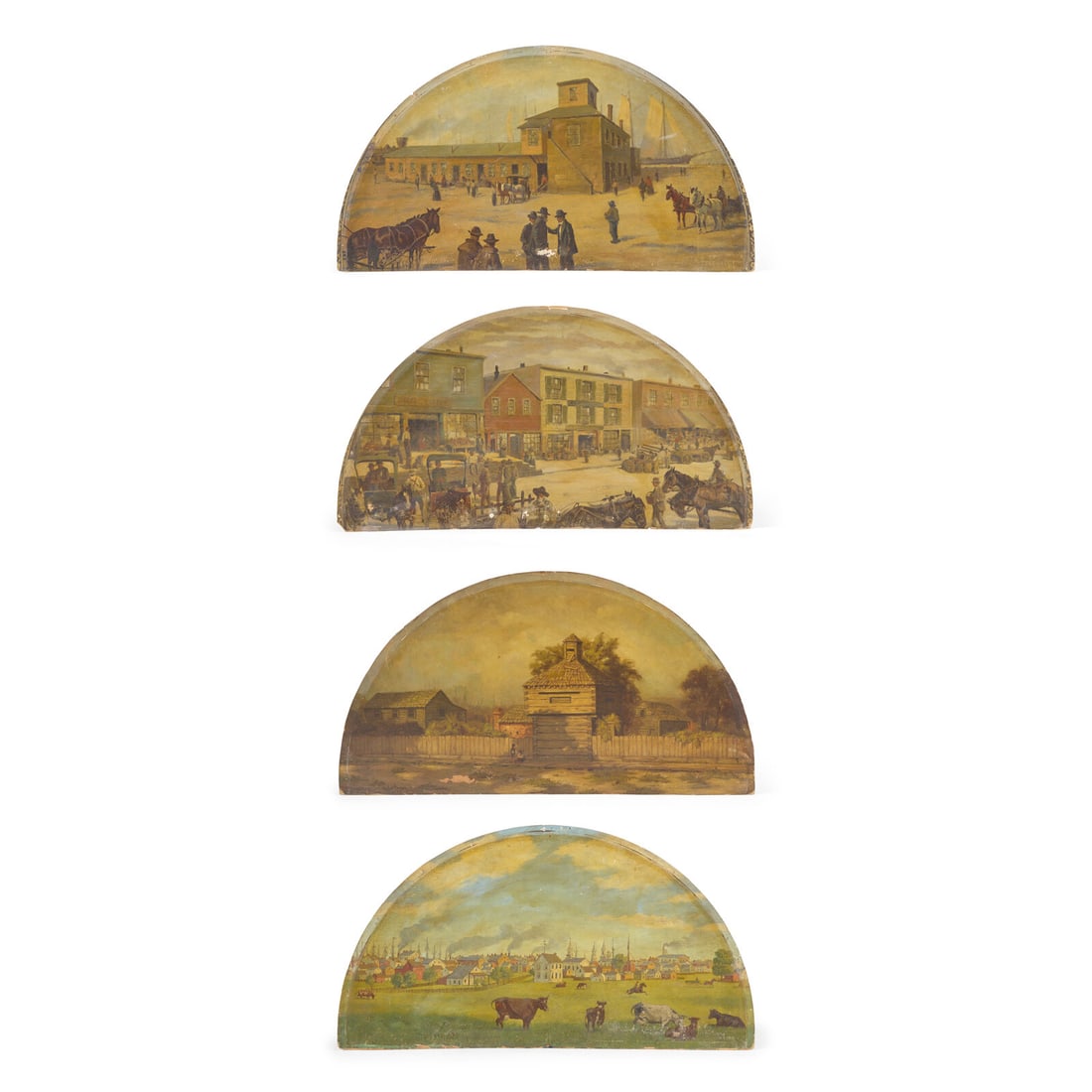 American School, H. Werner (20th Century), After Dwight Baldwin Benton (1834-1903), A Group of Four: American School, H. Werner (20th Century), After Dwight Baldwin Benton (1834-1903), A Group of Four Half-Moon Paintings Depicting Early Chicago Scenes Circa 1930 three titled verso: "Chicago, 1845, Fr