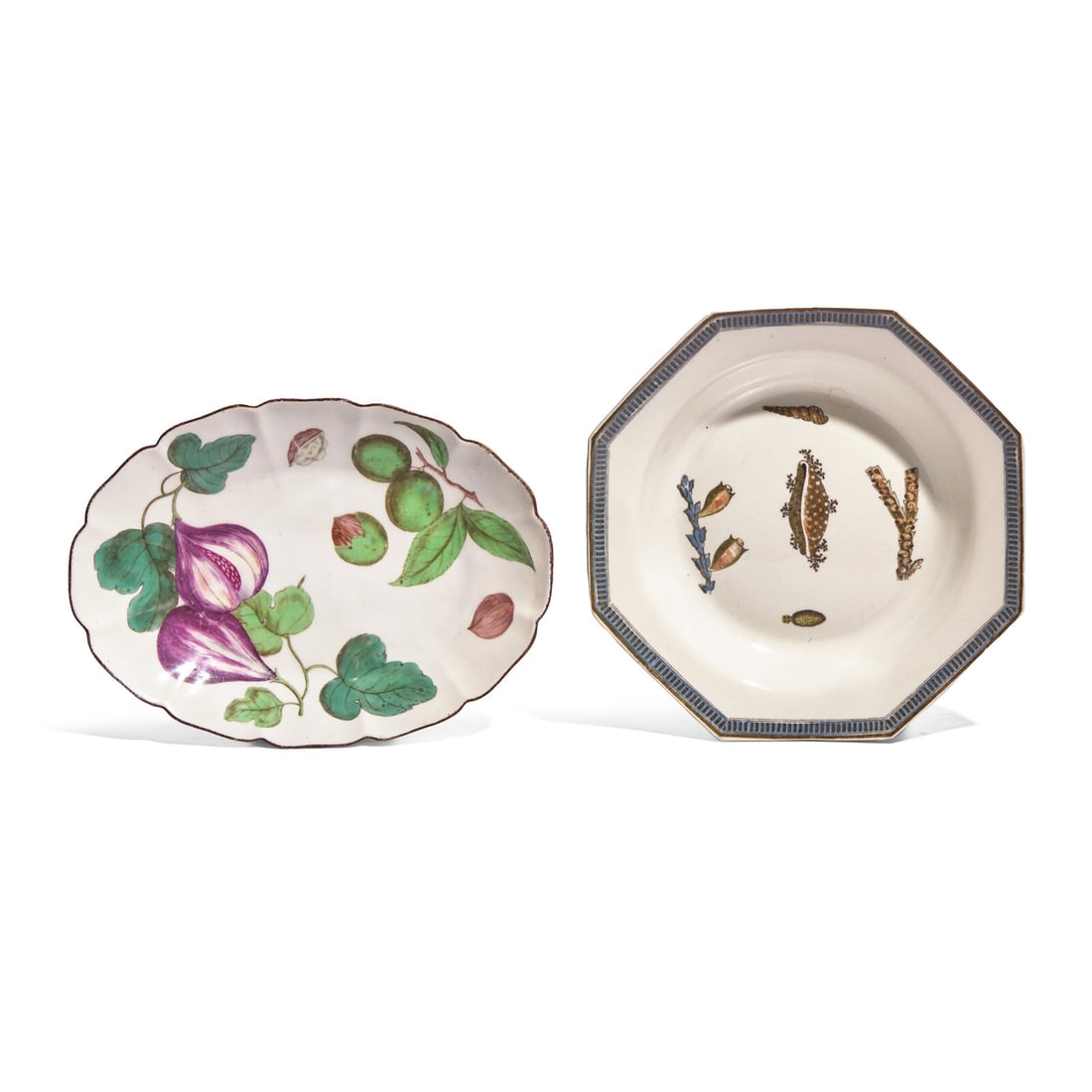 A Chelsea Soft-Paste Porcelain Oval Dish and a Wedgwood & Co. Pearlware Octagonal Soup Plate: A Chelsea Soft-Paste Porcelain Oval Dish and a Wedgwood & Co. Pearlware Octagonal Soup Plate England, 18th / 19th Century the Chelsea dish hand-painted with fruit and nuts, the underside bearing red a
