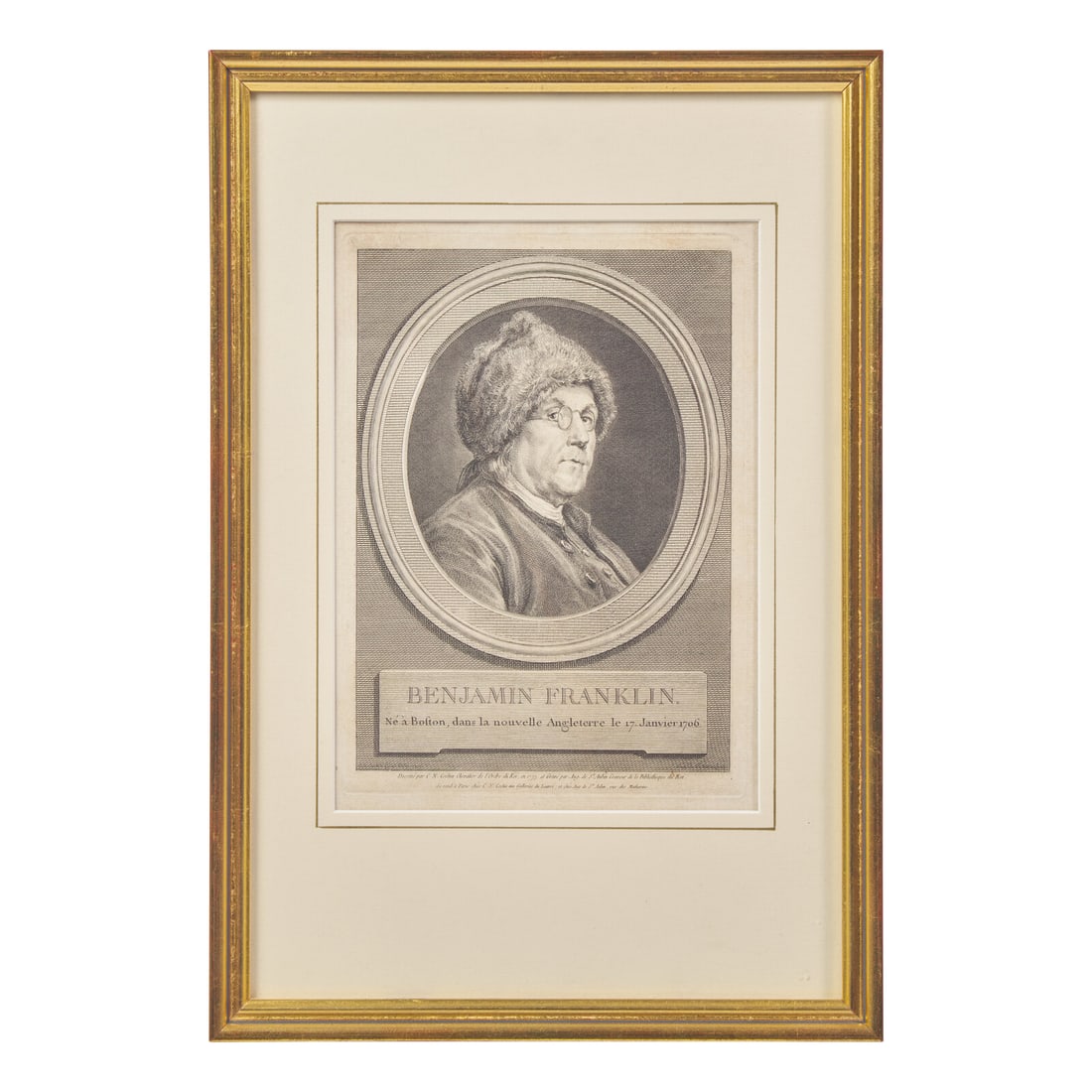 Augustin de Saint-Aubin (French, 1736-1807), After Charles Nicolas Cochin II (French, 1715-1790), A: Augustin de Saint-Aubin (French, 1736-1807), After Charles Nicolas Cochin II (French, 1715-1790), A Copperplate Engraving of Benjamin Franklin in a Fur Cap, or "Ne a Boston dans la nouvelle Angleterre