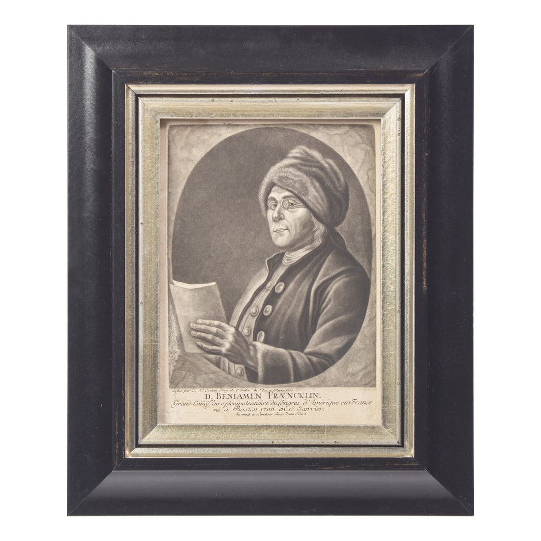 After Charles Nicolas Cochin II (French, 1715-1790), A Mezzotint of Benjamin Franklin, or "D.: After Charles Nicolas Cochin II (French, 1715-1790), A Mezzotint of Benjamin Franklin, or "D. Benjamin Fraencklin. Grand Commissaire plenipotentiare du Congres d'Amerique en France ne a Boston 1706. e
