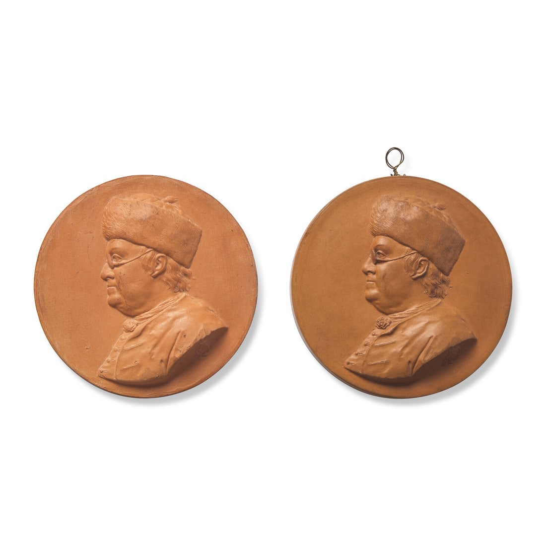 Jean-Baptiste Nini (Italian, 1717-1786), Two Terracotta Portrait Medallions: Benjamin Franklin with (1 of 2)