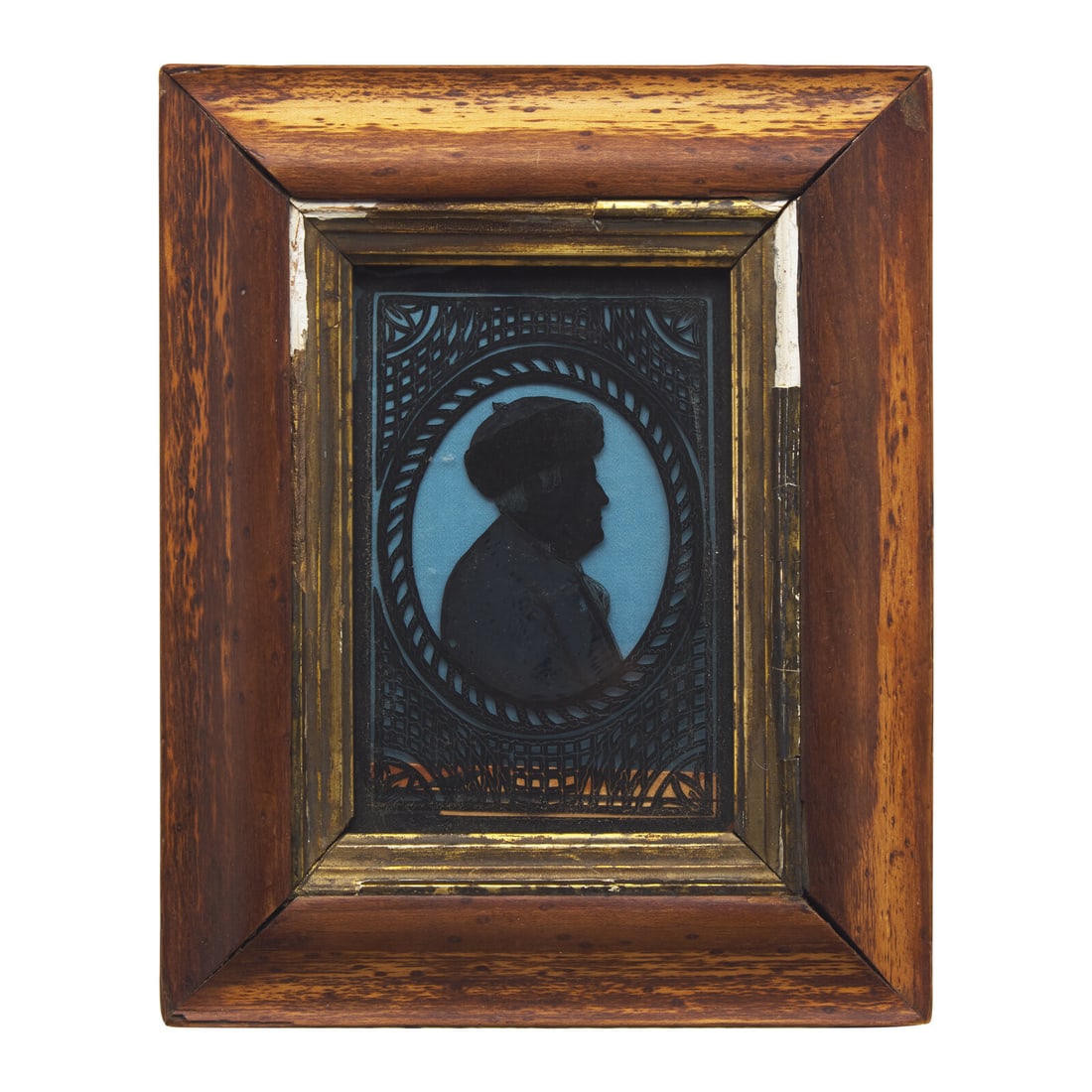 American School 19th Century, A Miniature Eglomise Silhouette Profile Portrait of Benjamin Franklin: American School 19th Century, A Miniature Eglomise Silhouette Profile Portrait of Benjamin Franklin with Fur Cap 19th Century 5 5/8 x 3 3/4 inches (sight), 9 5/8 x 7 3/4 inches (frame). Property from 