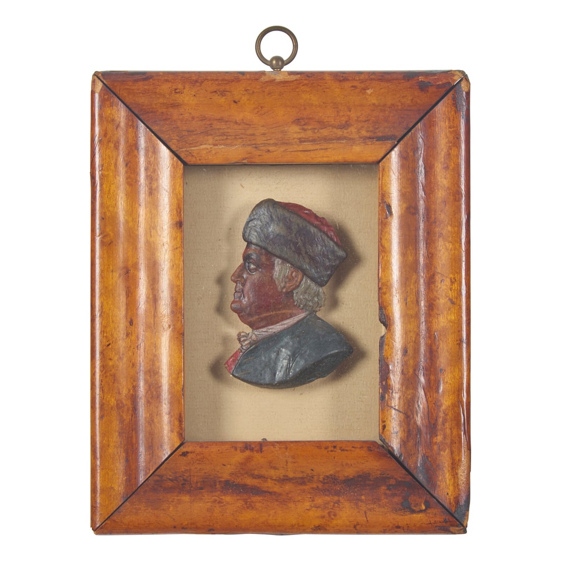 American School 19th Century, A Colored Wax Profile Portrait Bust of Benjamin Franklin with Fur Hat: American School 19th Century, A Colored Wax Profile Portrait Bust of Benjamin Franklin with Fur Hat set in a period bird's-eye maple frame. 2 3/4 x 1 3/4 inches (figure only), 7 x 5 5/8 inches (frame)
