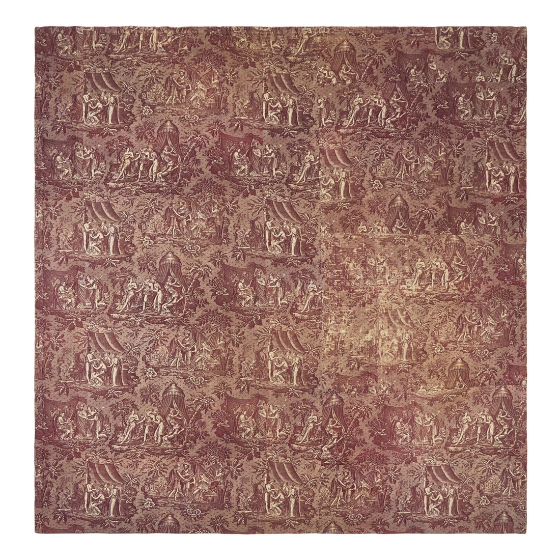 A Quilted Toile Printed Cotton Coverlet in Mulberry: A Quilted Toile Printed Cotton Coverlet in Mulberry The Toile Probably Nantes, France, 19th Century incorporating printed Toile cotton, circa 1820, the pattern depicting Biblical scenes, on a muslin b