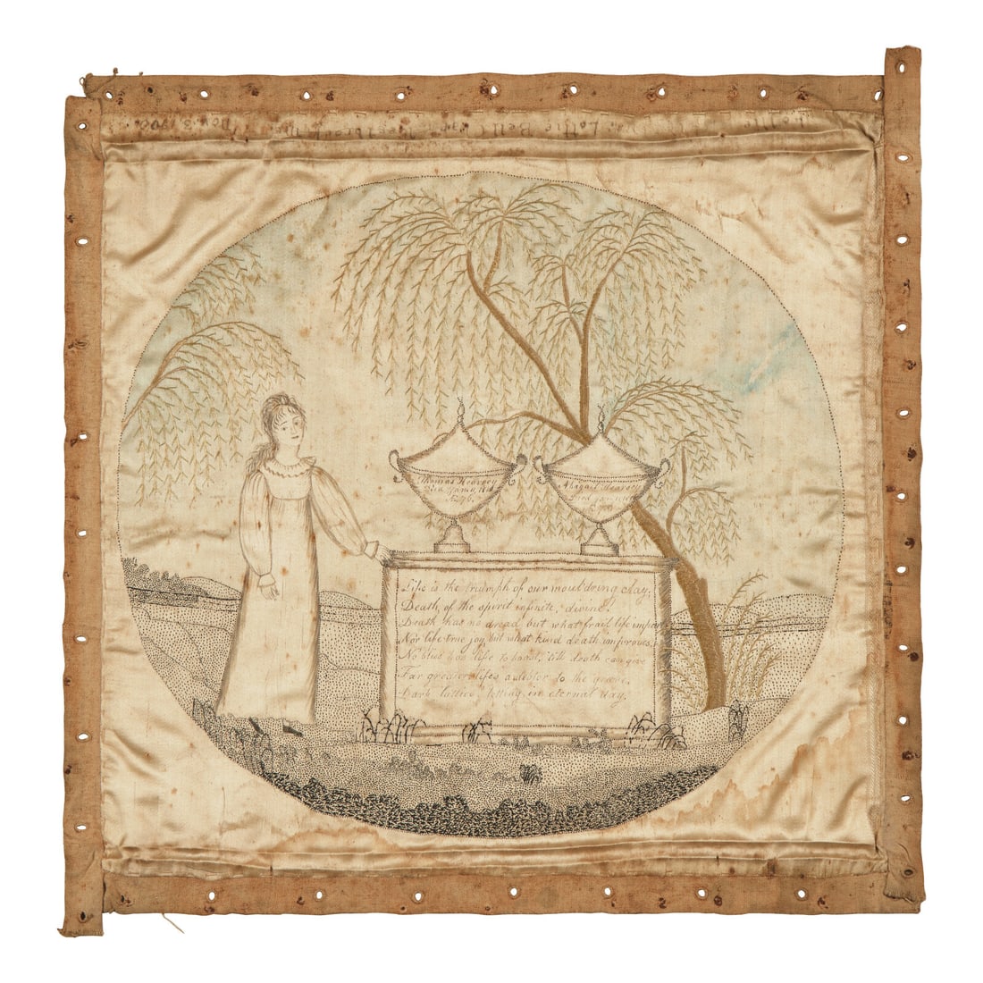 An Embroidered Silk Mourning Needlework Picture: An Embroidered Silk Mourning Needlework Picture Massachusetts, Circa 1816 worked with polychrome silk threads and accented by ink on silk, depicting a young lady standing beside a memorial flanked by 