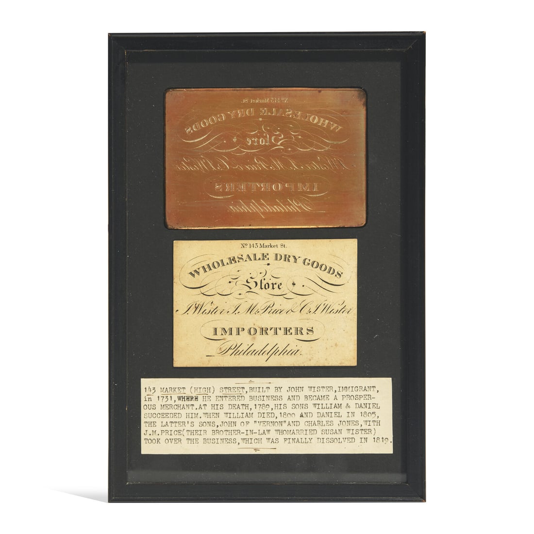 A Wister Family Wholesale Dry Goods Card and Copper Printing Plate (1 of 3)