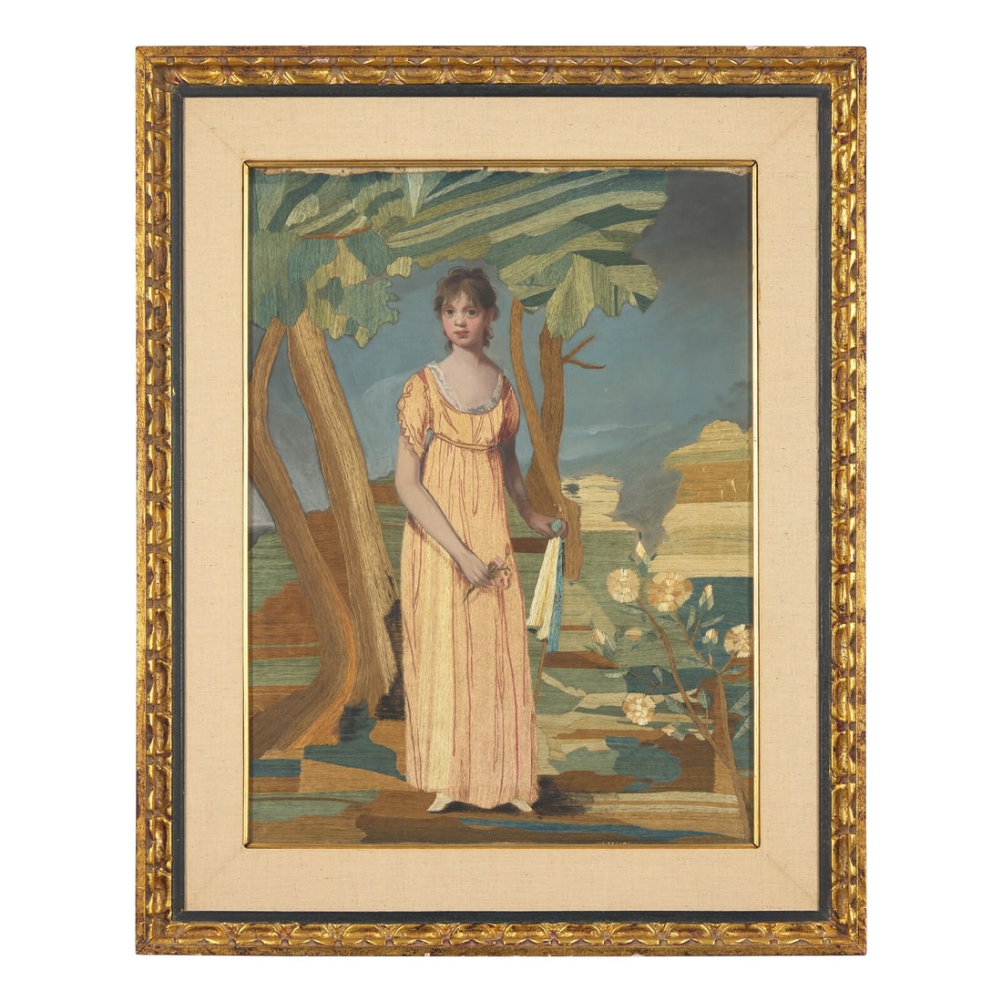 An Embroidered Silk Work Picture of a Young Lady: An Embroidered Silk Work Picture of a Young Lady American or English, Circa 1810 with painted face, neck, arms, and blue background, framed. 23 1/2 x 17 1/2 inches (sight), 31 1/4 x 25 1/4 inches (fra