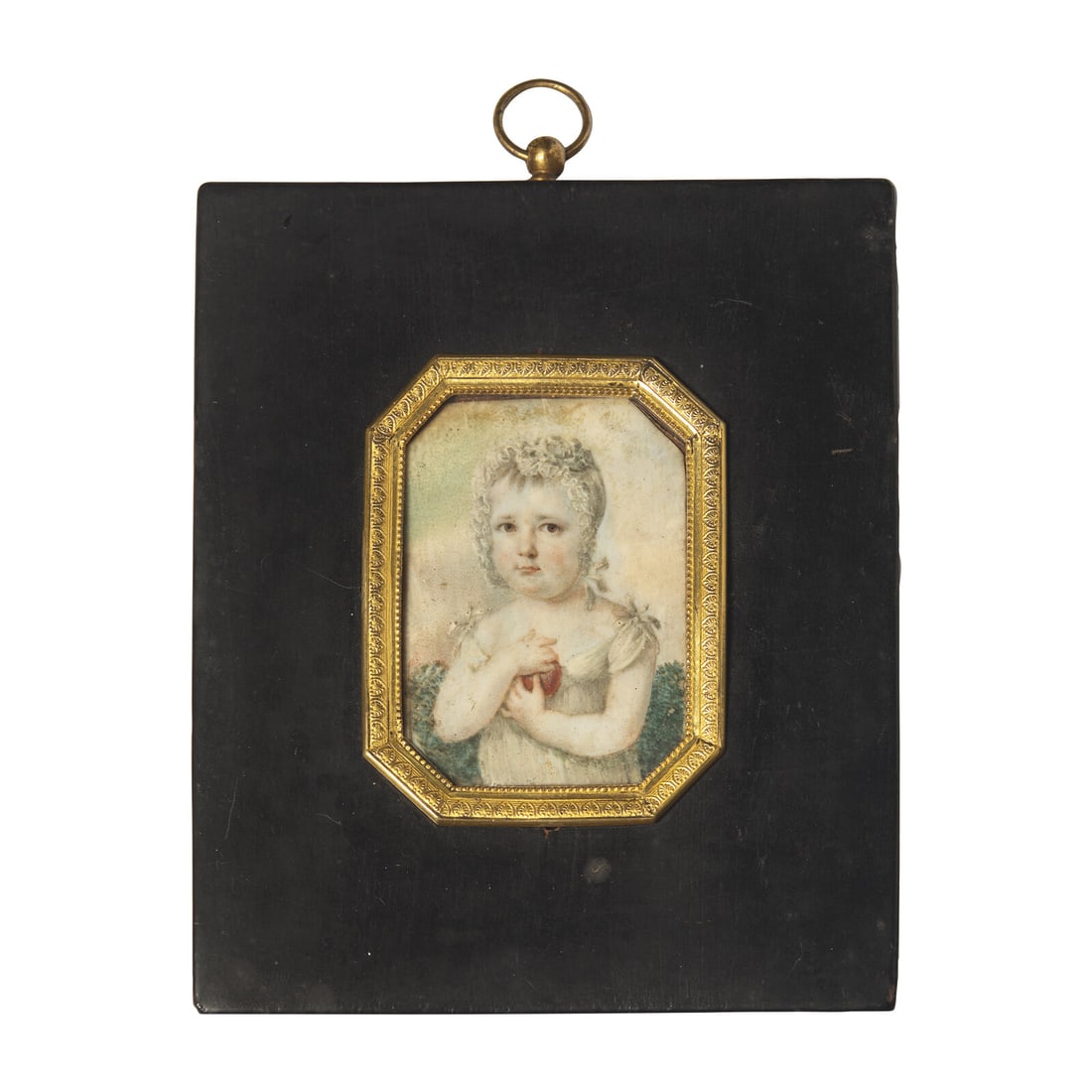 Anglo-American School 19th Century, A Portrait Miniature of a Baby with Apple