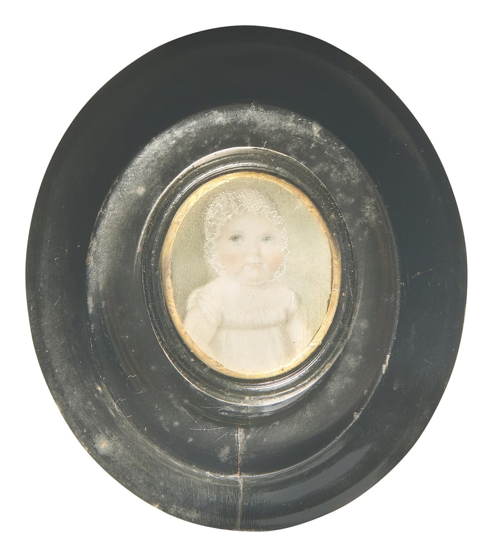 Anglo-American School 19th Century, A Portrait Miniature of a Baby with Bonnet (1 of 2)