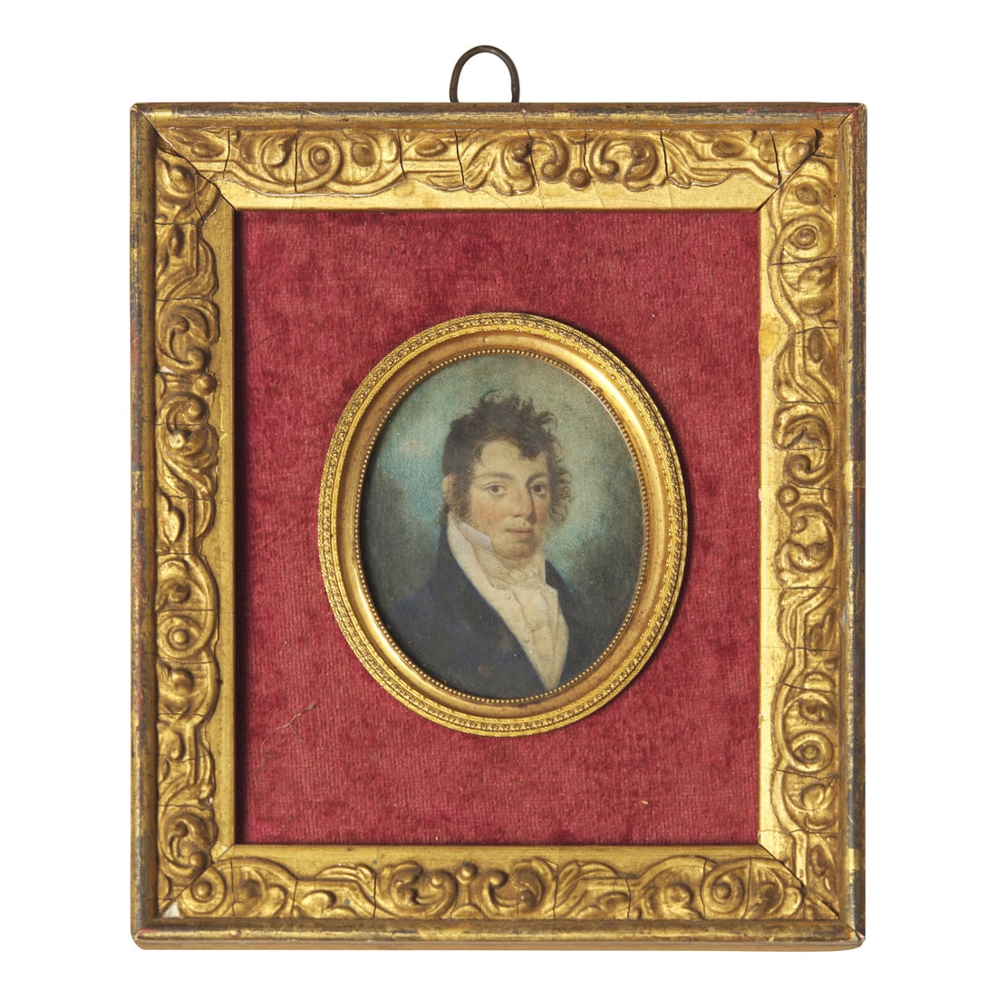 English School 19th Century, A Portrait Miniature of a Young Man: English School 19th Century, A Portrait Miniature of a Young Man Early 19th Century watercolor, housed in brass surround inset in velvet lined framed. 2 3/4 x 2 1/8 inches (sight), 6 5/8 x 5 5/8 inche