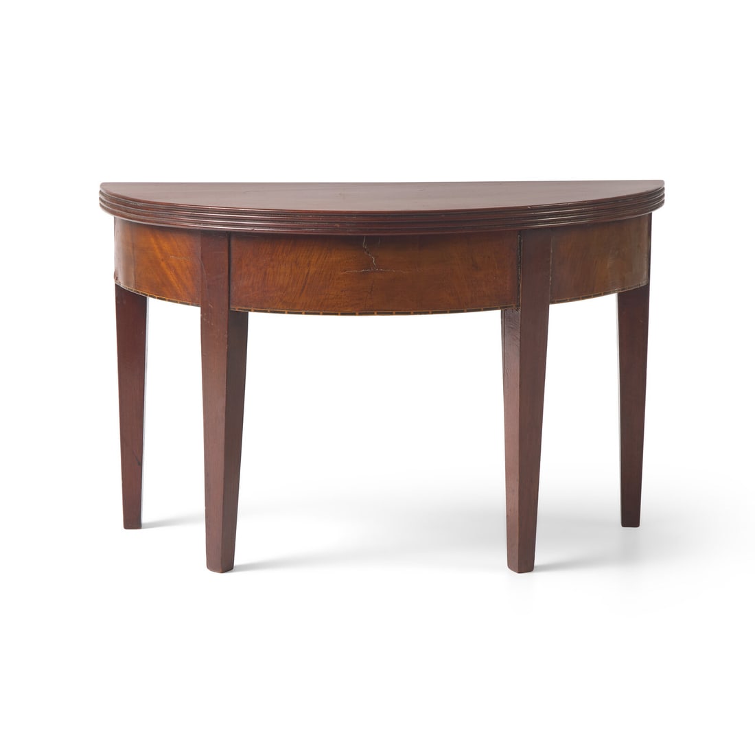 A Miniature Federal Inlaid Mahogany Demilune Console Table: A Miniature Federal Inlaid Mahogany Demilune Console Table Circa 1800 Height 9 3/4 x width 15 3/4 x depth 7 3/4 inches. This lot is located in Philadelphia. Provenance: A New York collection.