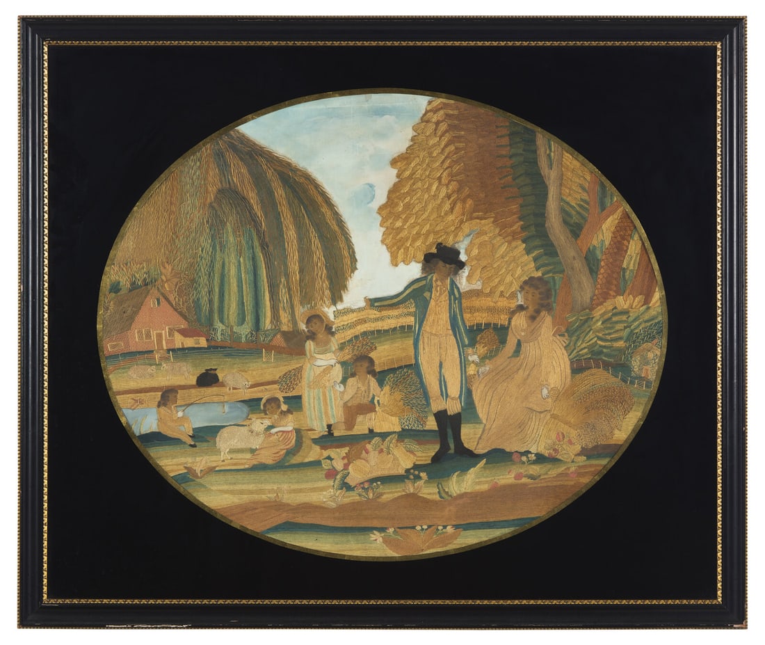 A Pictorial Silkwork Embroidery: A Pictorial Silkwork Embroidery Attributed to the Samuel Folwell School, Philadelphia, Pennsylvania, Circa 1805 polychrome silk threads and paint on a silk ground, eglomise mat, framed. 24 x 29 inches