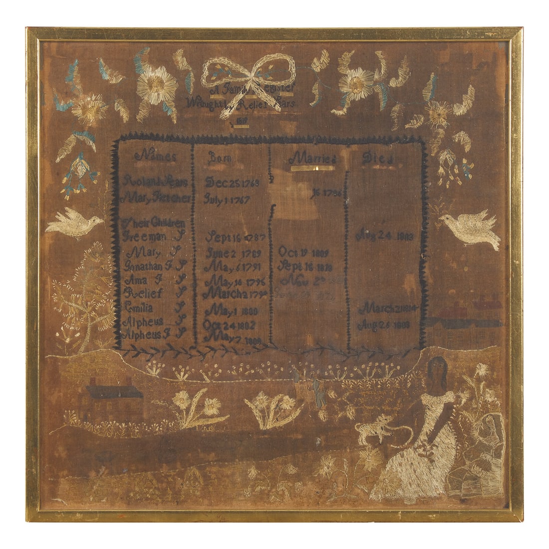 A Needlework Sears Family Register: A Needlework Sears Family Register Worked by Relief Sears, Dated, "1819" worked with polychrome silk threads and accented with ink, on cotton ground, depicting be-ribboned floral garland and birds, ab