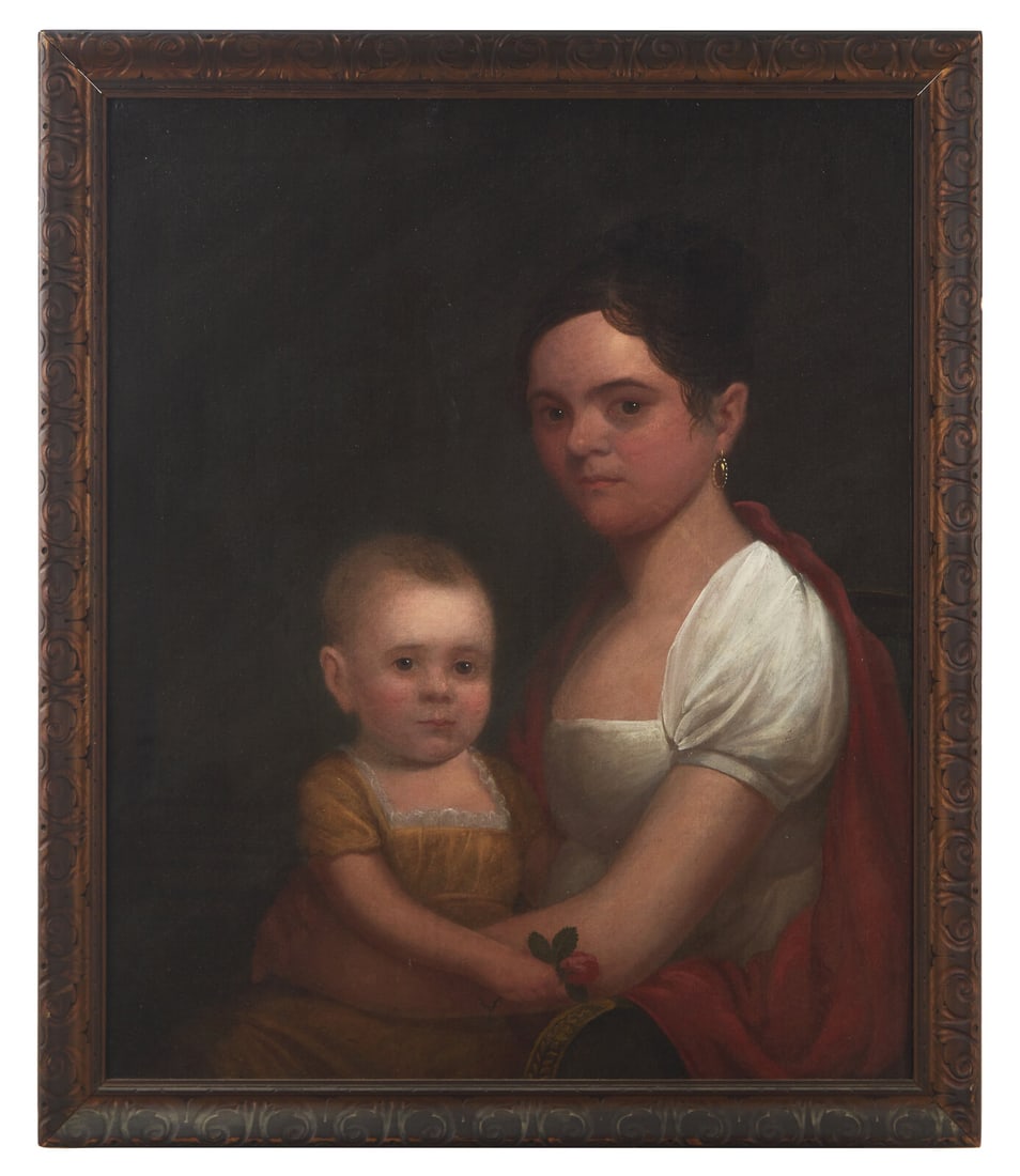 American School 19th Century, Portrait Of Charlotte Augusta Adams Kidder (1784-1868) With Her Son: American School 19th Century, Portrait Of Charlotte Augusta Adams Kidder (1784-1868) With Her Son William, Jr. Circa 1810 verso bearing typed sheet listing genealogical information, oil on canvas, fra